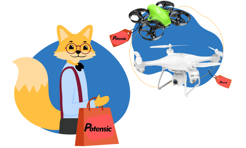 Der Smart-Home-Fox steht mit einer Einkaufstüte von Potensic da und präsentiert Potensic Drohnen.